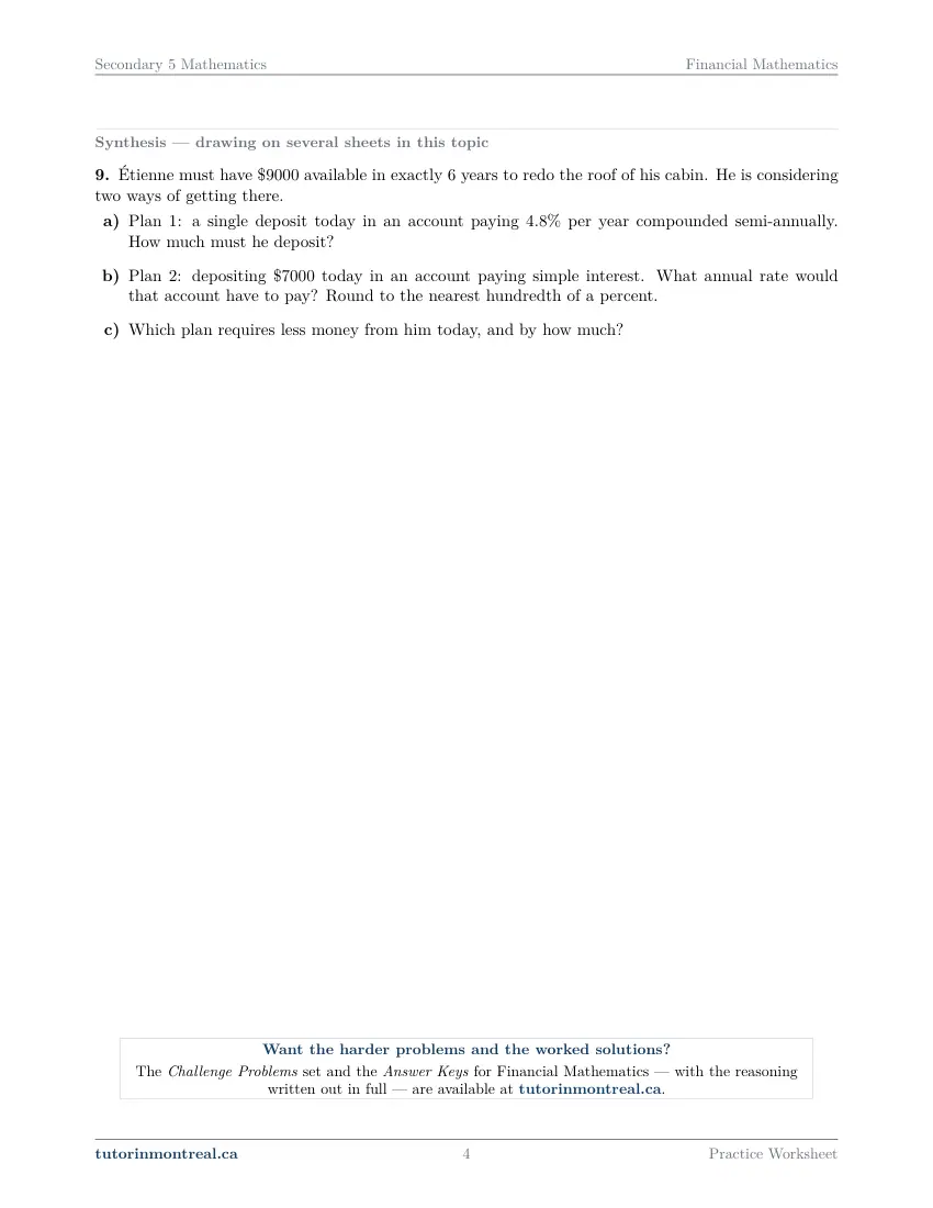 Page 4 of the Secondary 5 Math Financial Mathematics practice worksheet