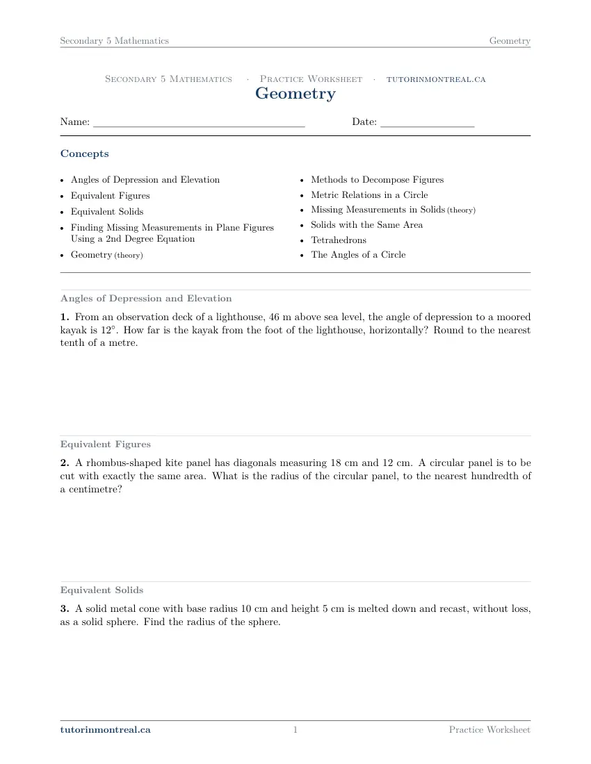 Page 1 of the Secondary 5 Math Geometry practice worksheet