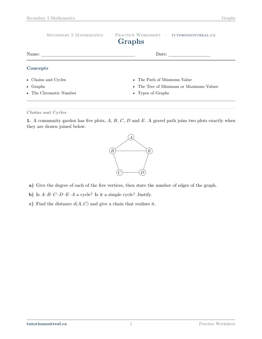Page 1 of the Secondary 5 Math Graphs practice worksheet