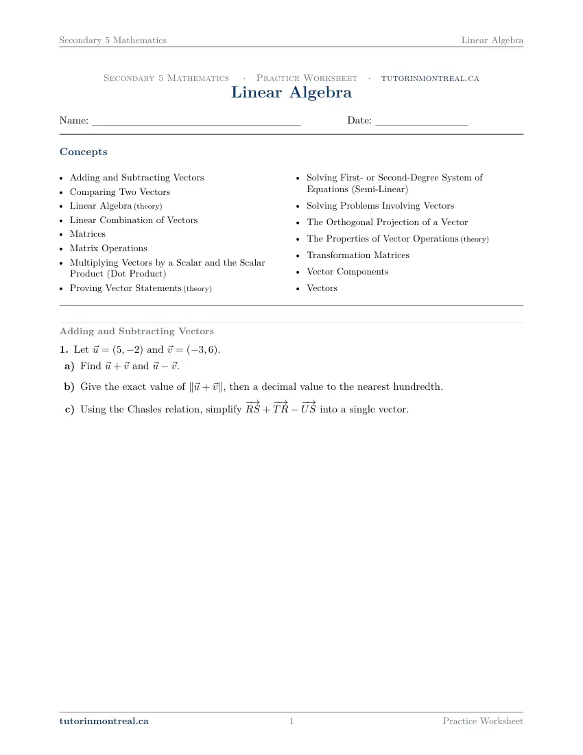 Page 1 of the Secondary 5 Math Linear Algebra practice worksheet