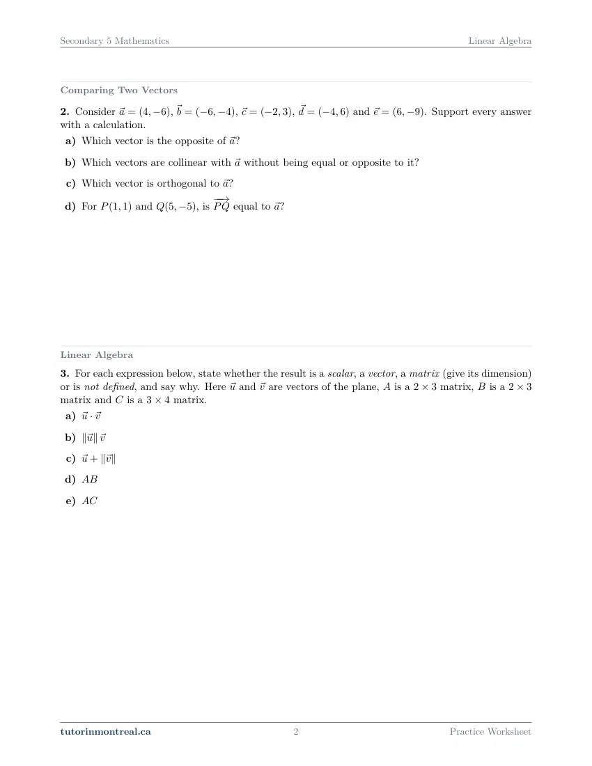 Page 2 of the Secondary 5 Math Linear Algebra practice worksheet