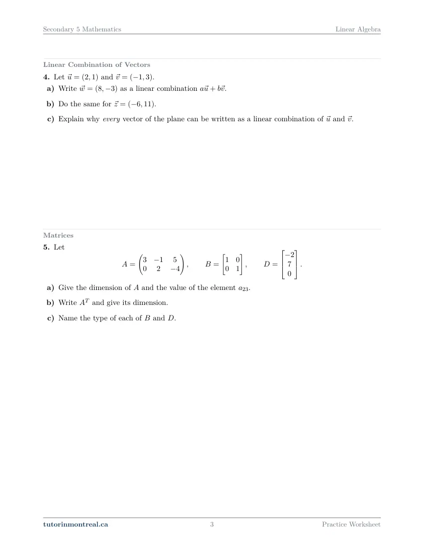 Page 3 of the Secondary 5 Math Linear Algebra practice worksheet