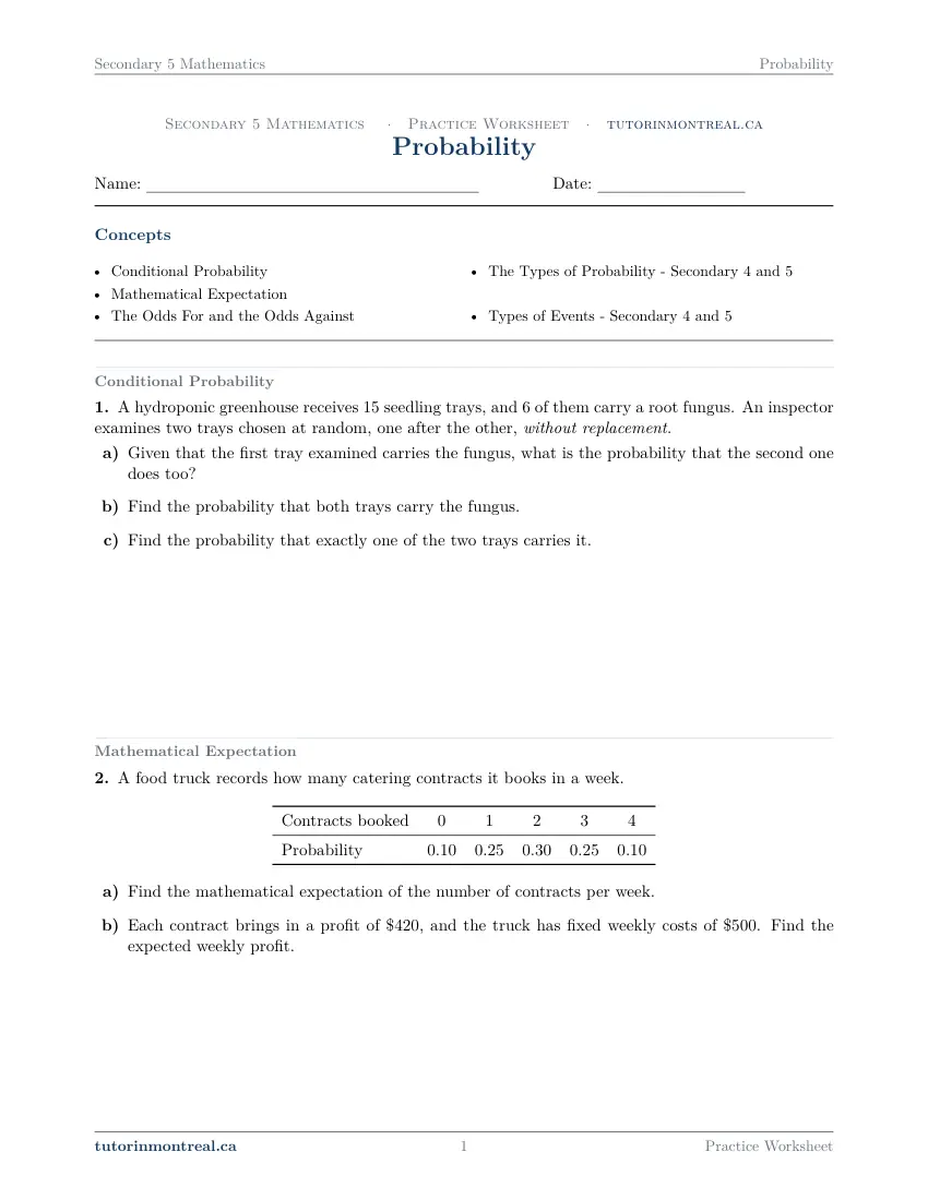 Page 1 of the Secondary 5 Math Probability practice worksheet
