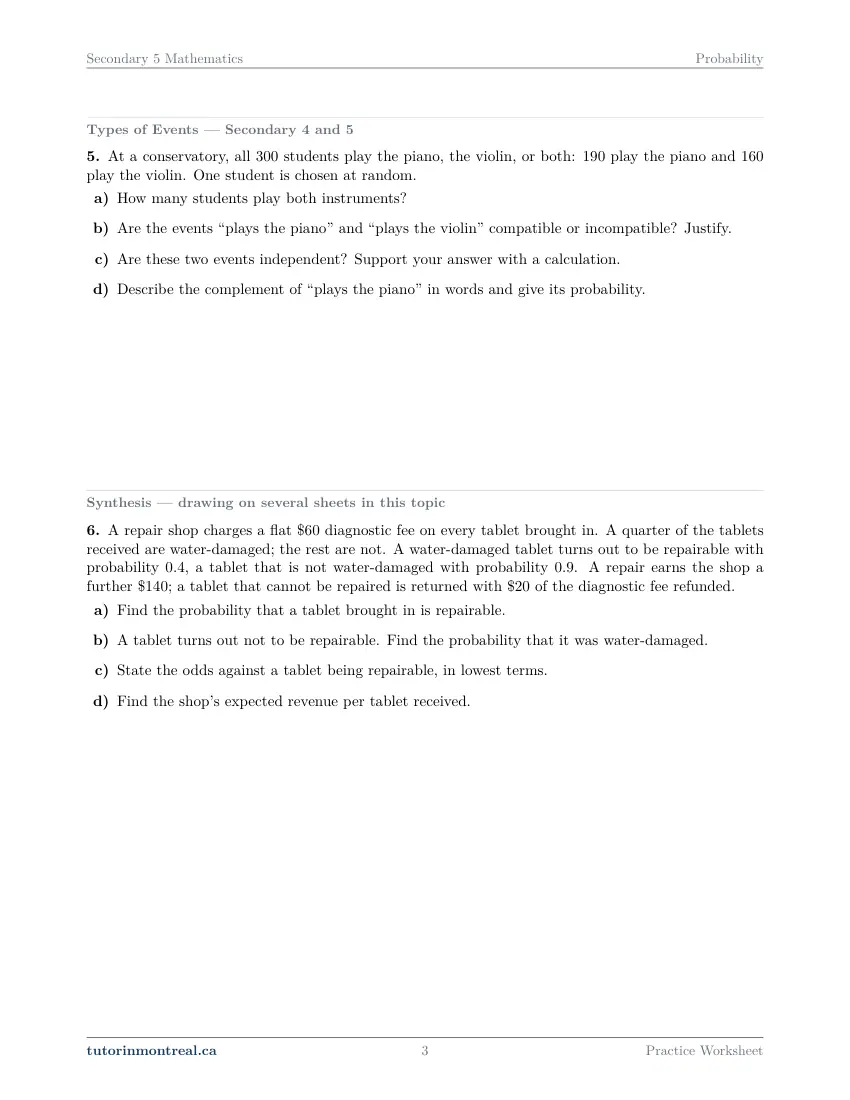 Page 3 of the Secondary 5 Math Probability practice worksheet