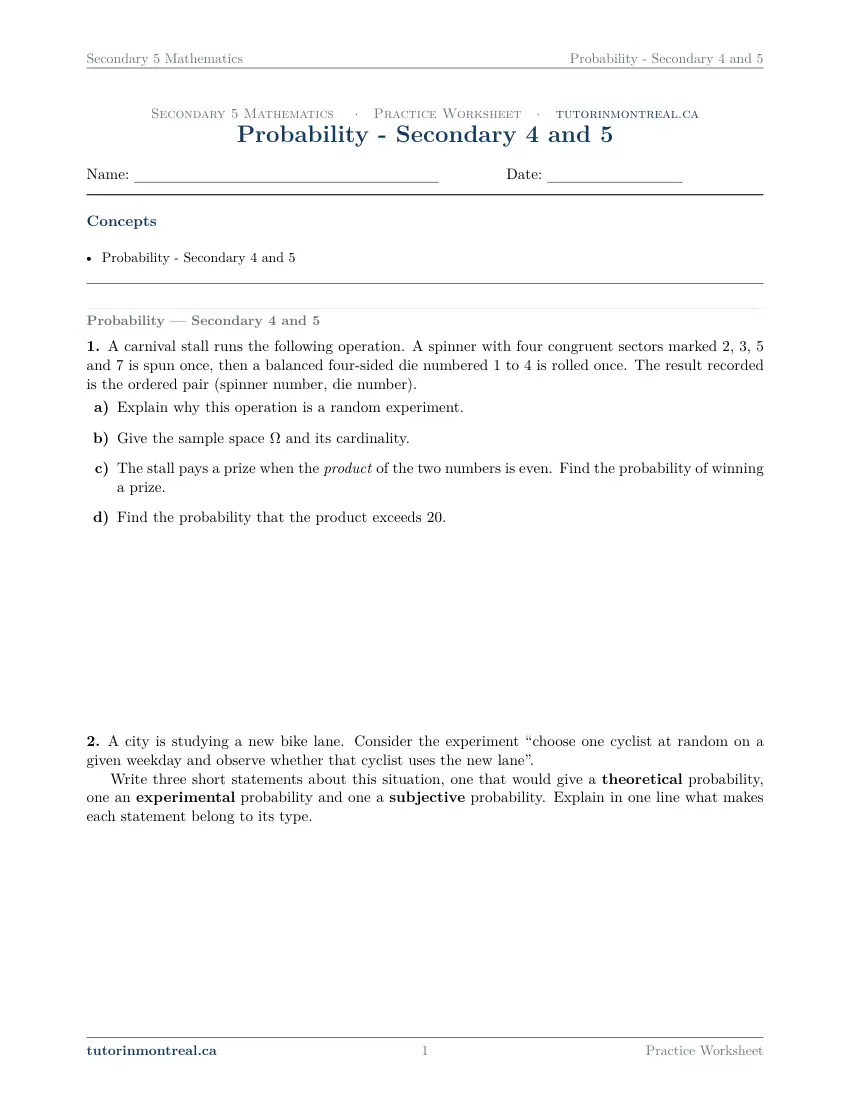 Page 1 of the Secondary 5 Math Probability - Secondary 4 and 5 practice worksheet