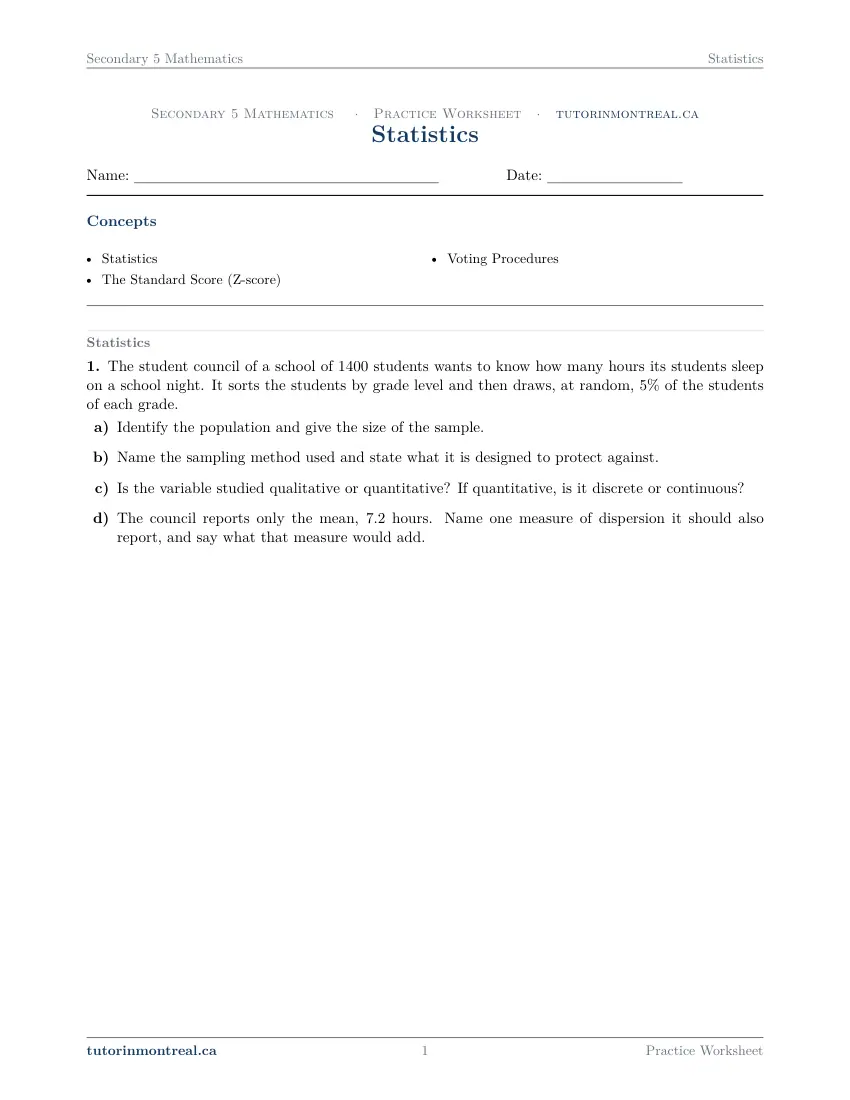 Page 1 of the Secondary 5 Math Statistics practice worksheet