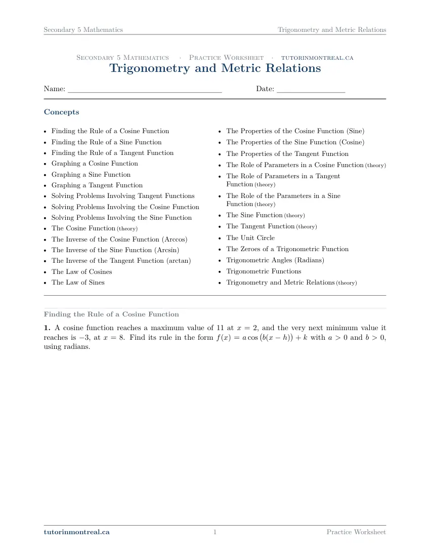 Page 1 of the Secondary 5 Math Trigonometry and Metric Relations practice worksheet