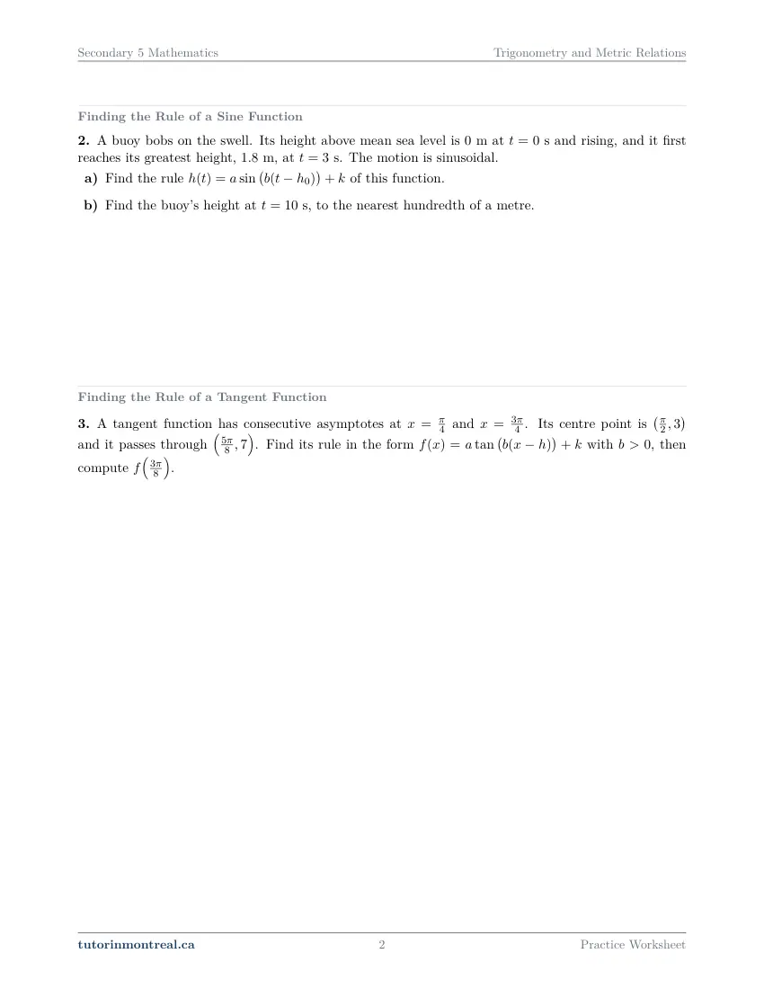 Page 2 of the Secondary 5 Math Trigonometry and Metric Relations practice worksheet