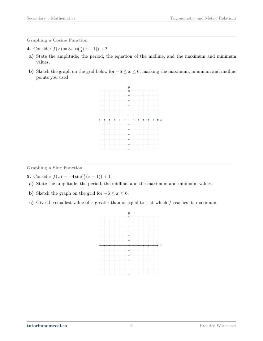 Page 3 of the Secondary 5 Math Trigonometry and Metric Relations practice worksheet
