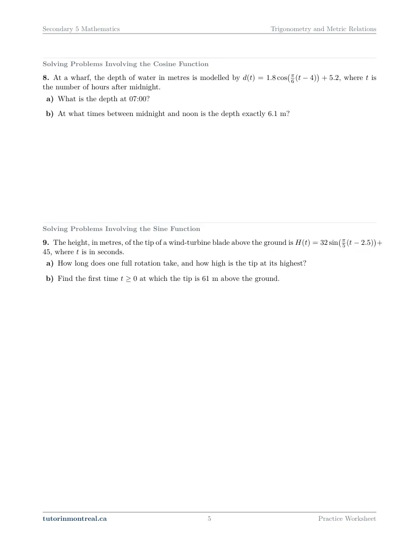 Page 5 of the Secondary 5 Math Trigonometry and Metric Relations practice worksheet