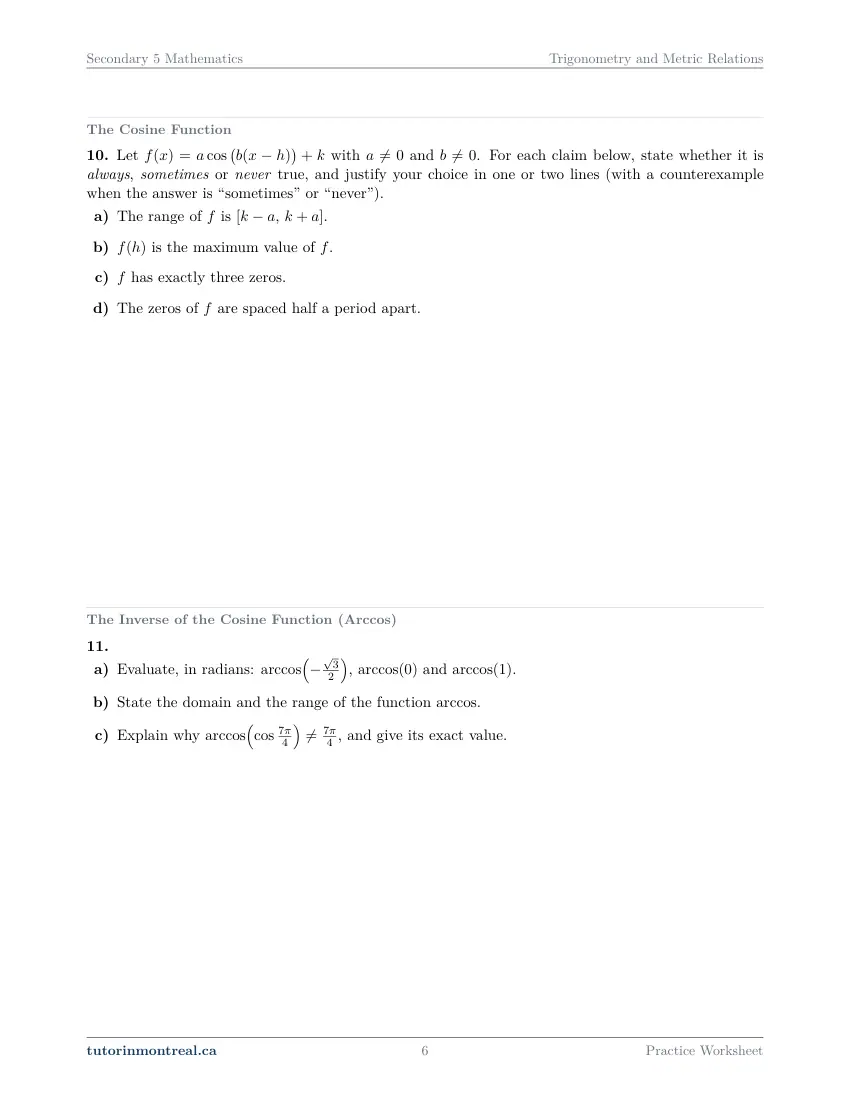 Page 6 of the Secondary 5 Math Trigonometry and Metric Relations practice worksheet