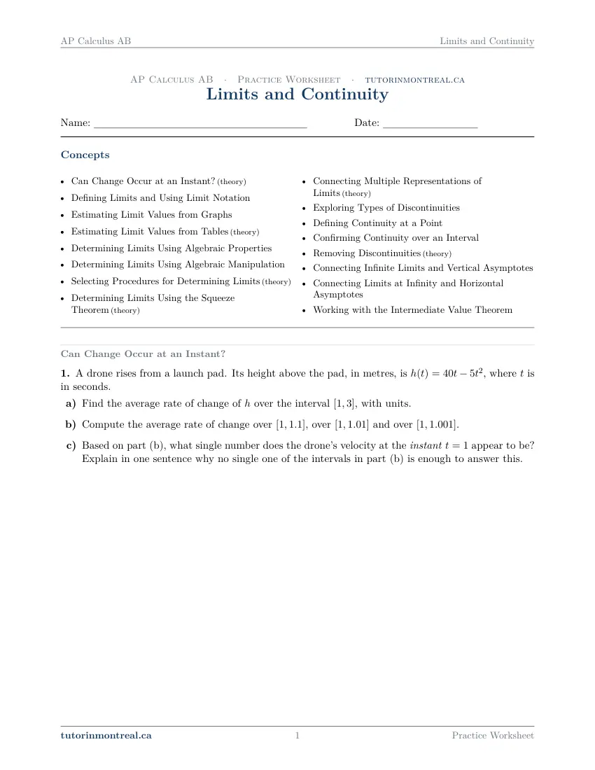 Page 1 of the AP Calculus AB Limits and Continuity practice worksheet