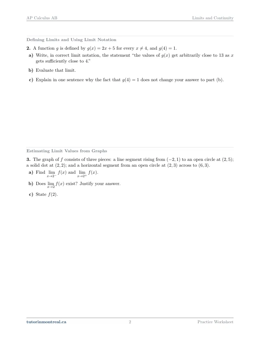 Page 2 of the AP Calculus AB Limits and Continuity practice worksheet