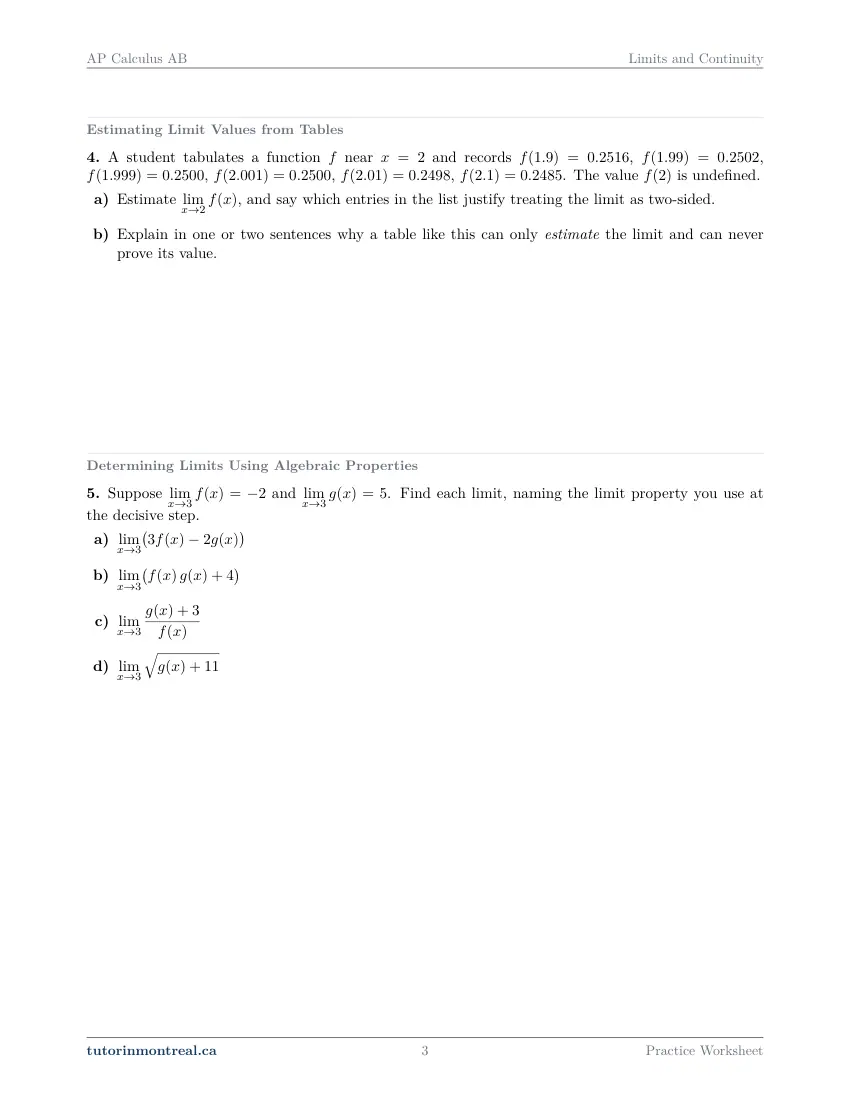 Page 3 of the AP Calculus AB Limits and Continuity practice worksheet