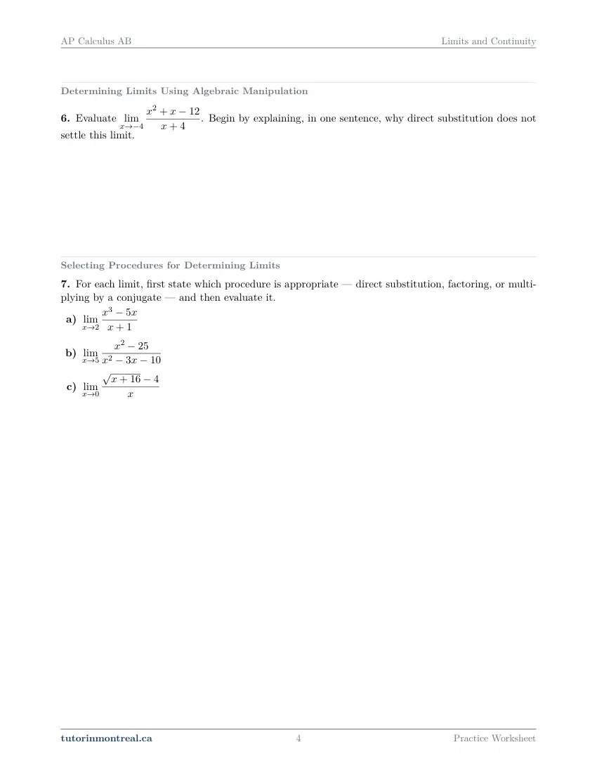 Page 4 of the AP Calculus AB Limits and Continuity practice worksheet
