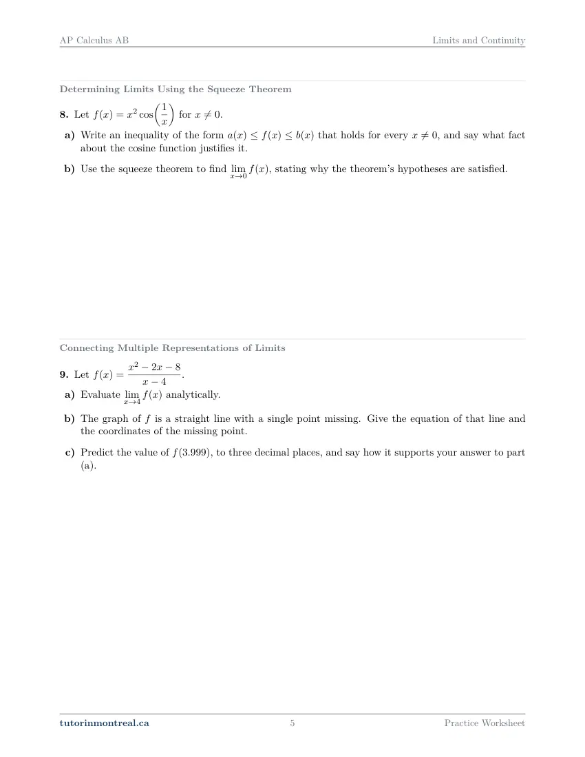 Page 5 of the AP Calculus AB Limits and Continuity practice worksheet