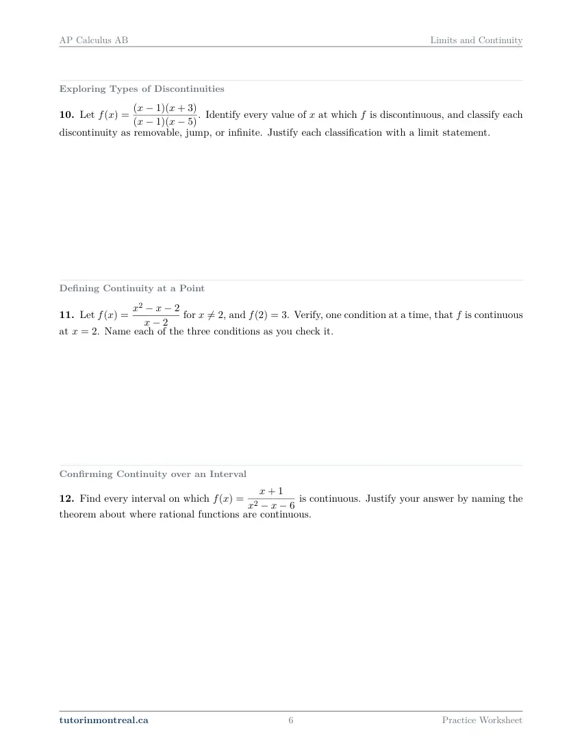 Page 6 of the AP Calculus AB Limits and Continuity practice worksheet
