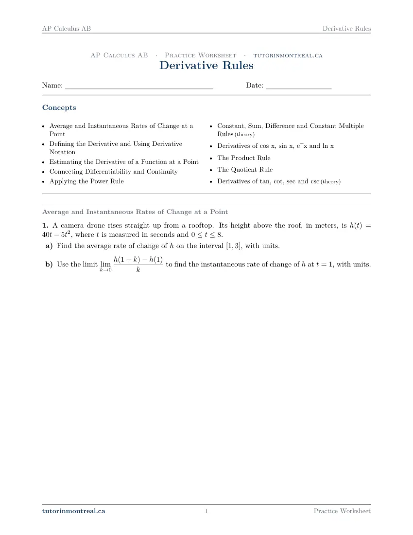 Page 1 of the AP Calculus AB Derivative Rules practice worksheet