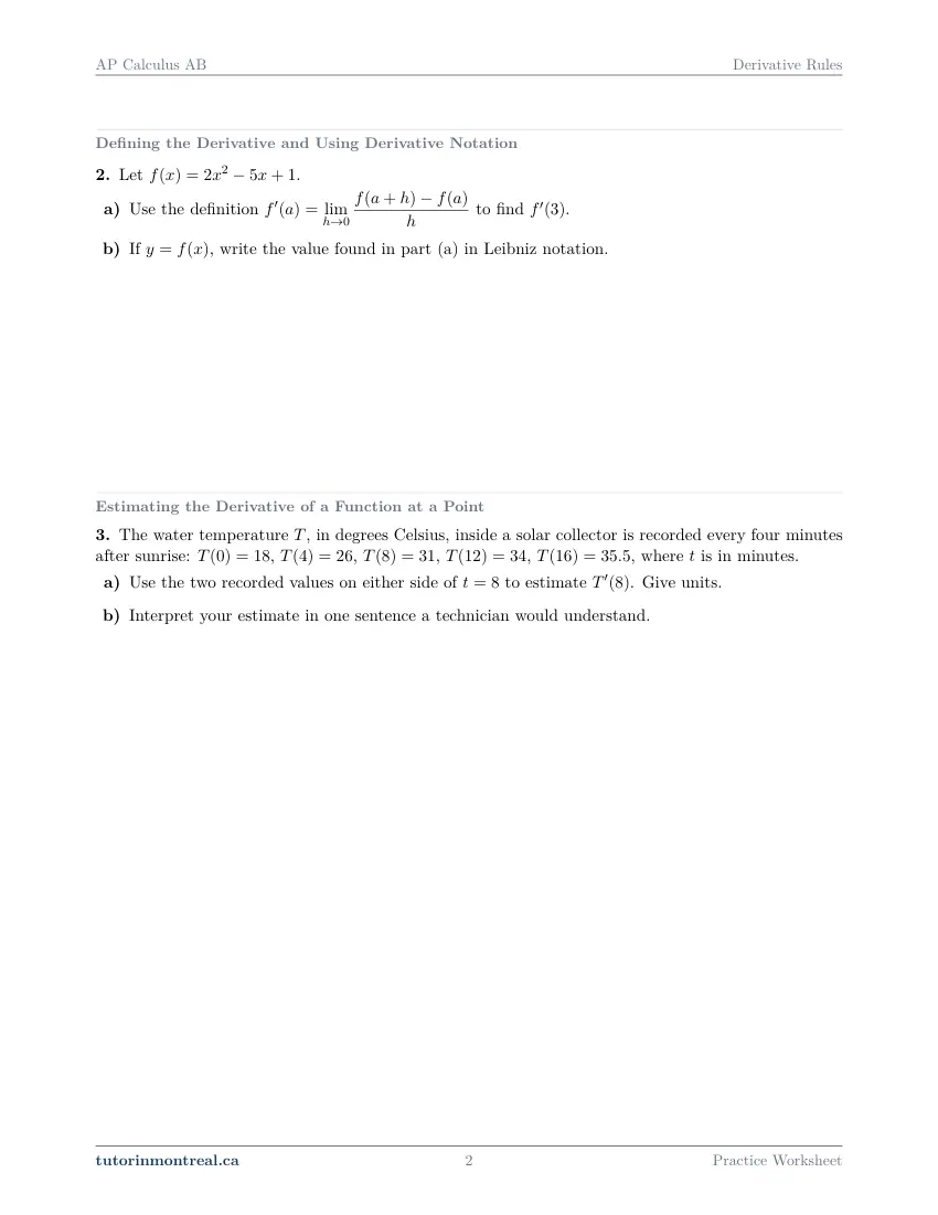 Page 2 of the AP Calculus AB Derivative Rules practice worksheet