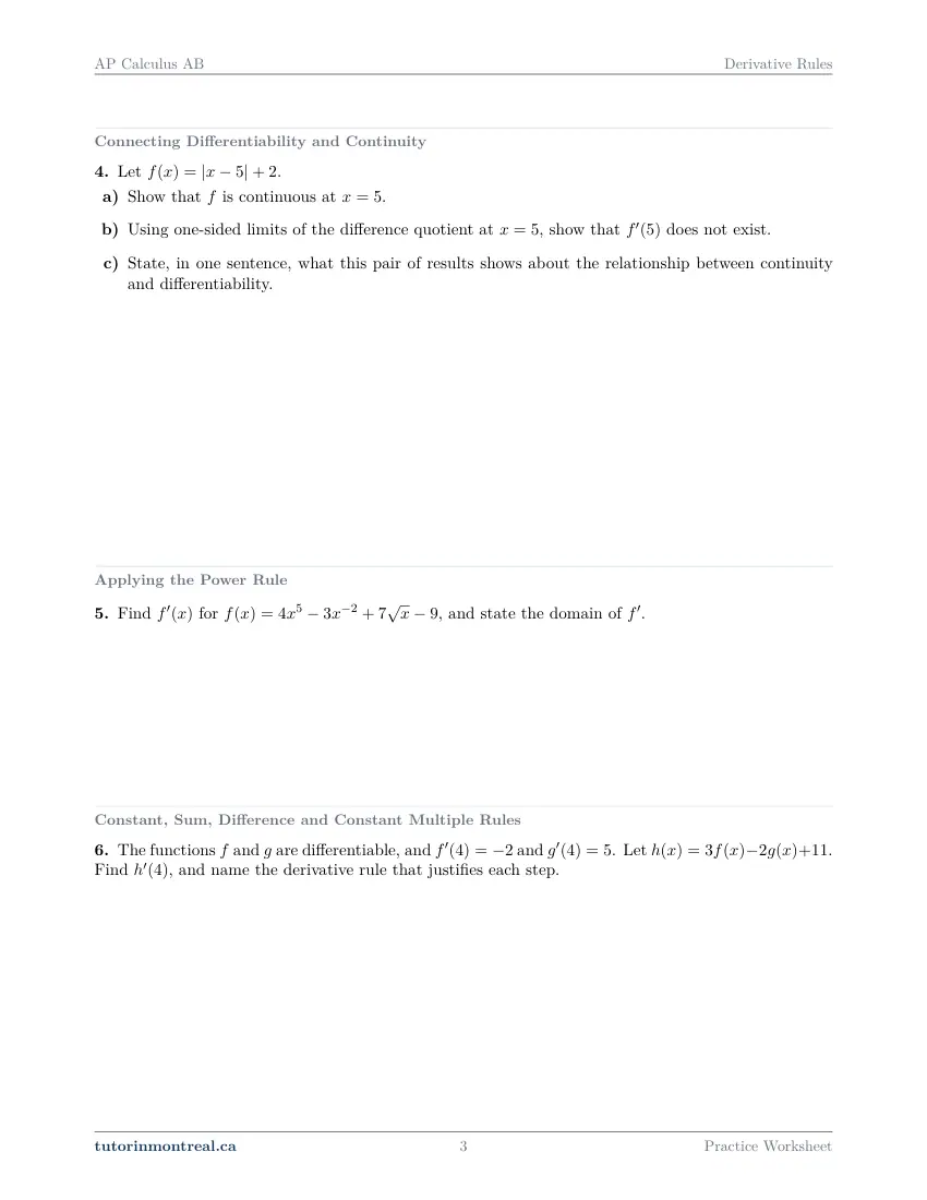 Page 3 of the AP Calculus AB Derivative Rules practice worksheet