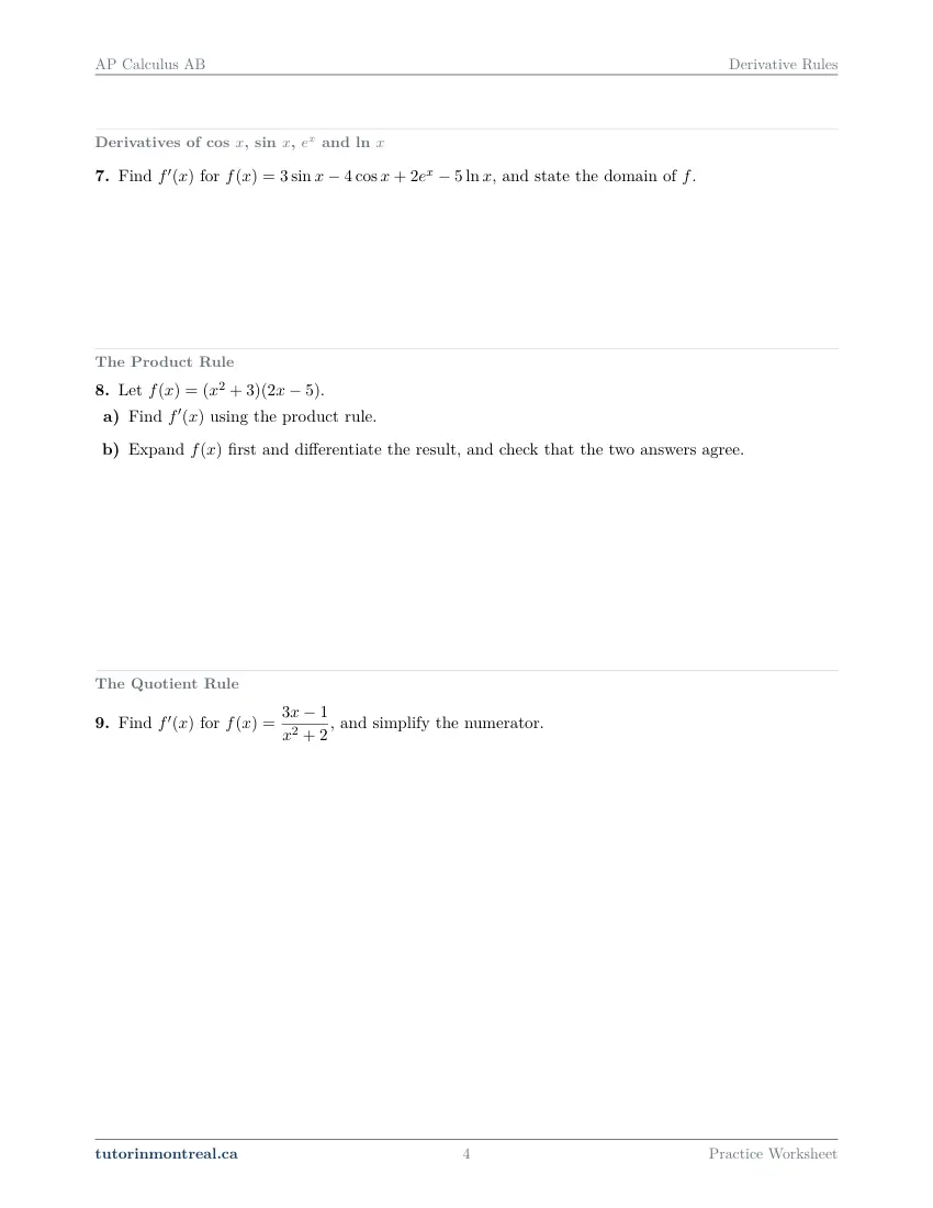 Page 4 of the AP Calculus AB Derivative Rules practice worksheet