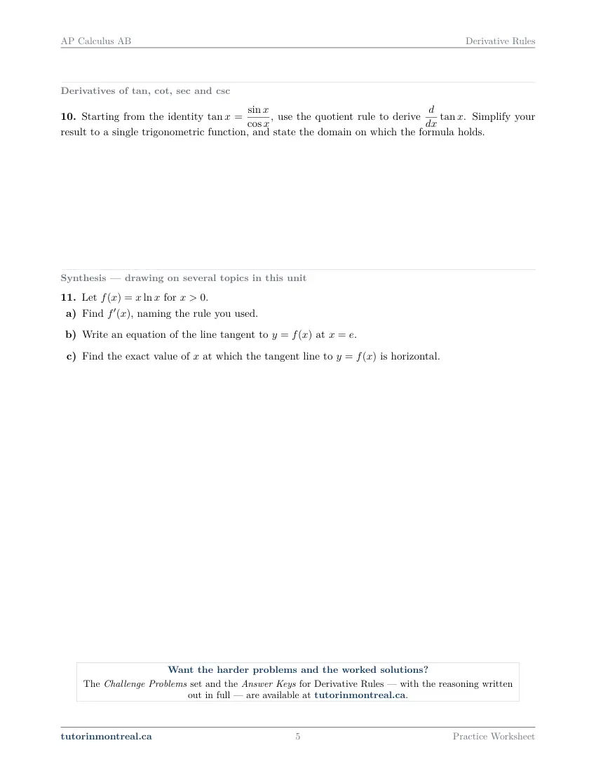 Page 5 of the AP Calculus AB Derivative Rules practice worksheet
