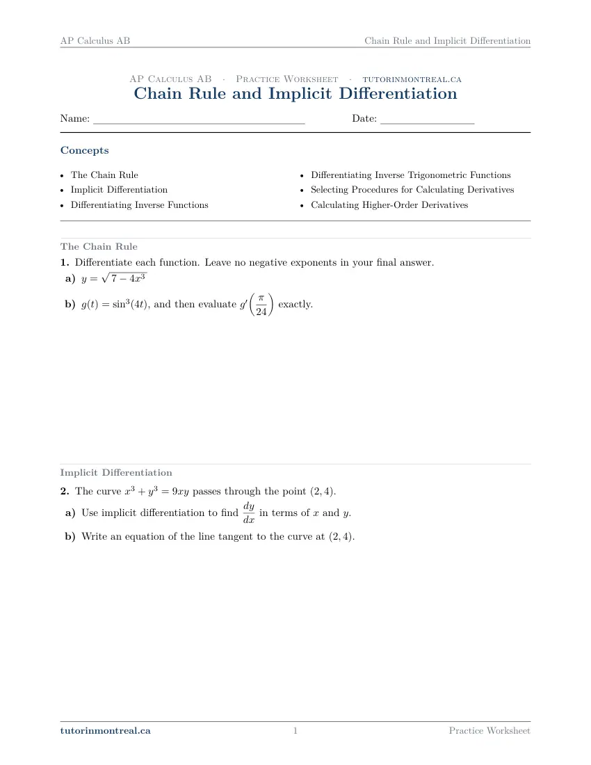 Page 1 of the AP Calculus AB Chain Rule and Implicit Differentiation practice worksheet