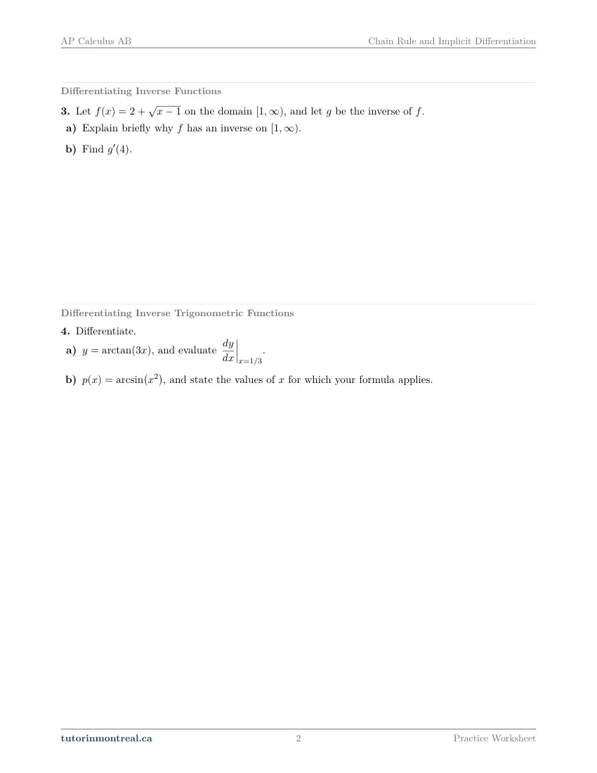 Page 2 of the AP Calculus AB Chain Rule and Implicit Differentiation practice worksheet