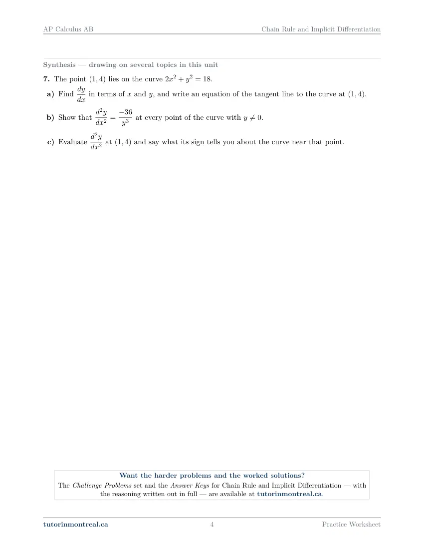 Page 4 of the AP Calculus AB Chain Rule and Implicit Differentiation practice worksheet