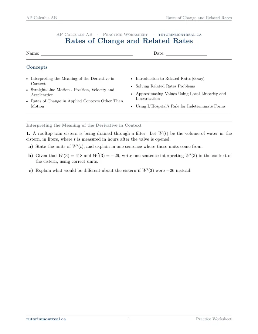 Page 1 of the AP Calculus AB Rates of Change and Related Rates practice worksheet