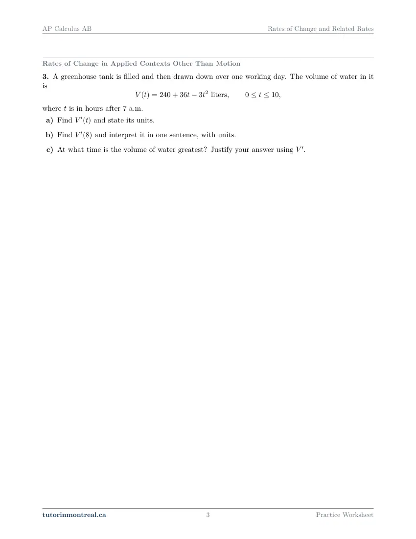 Page 3 of the AP Calculus AB Rates of Change and Related Rates practice worksheet
