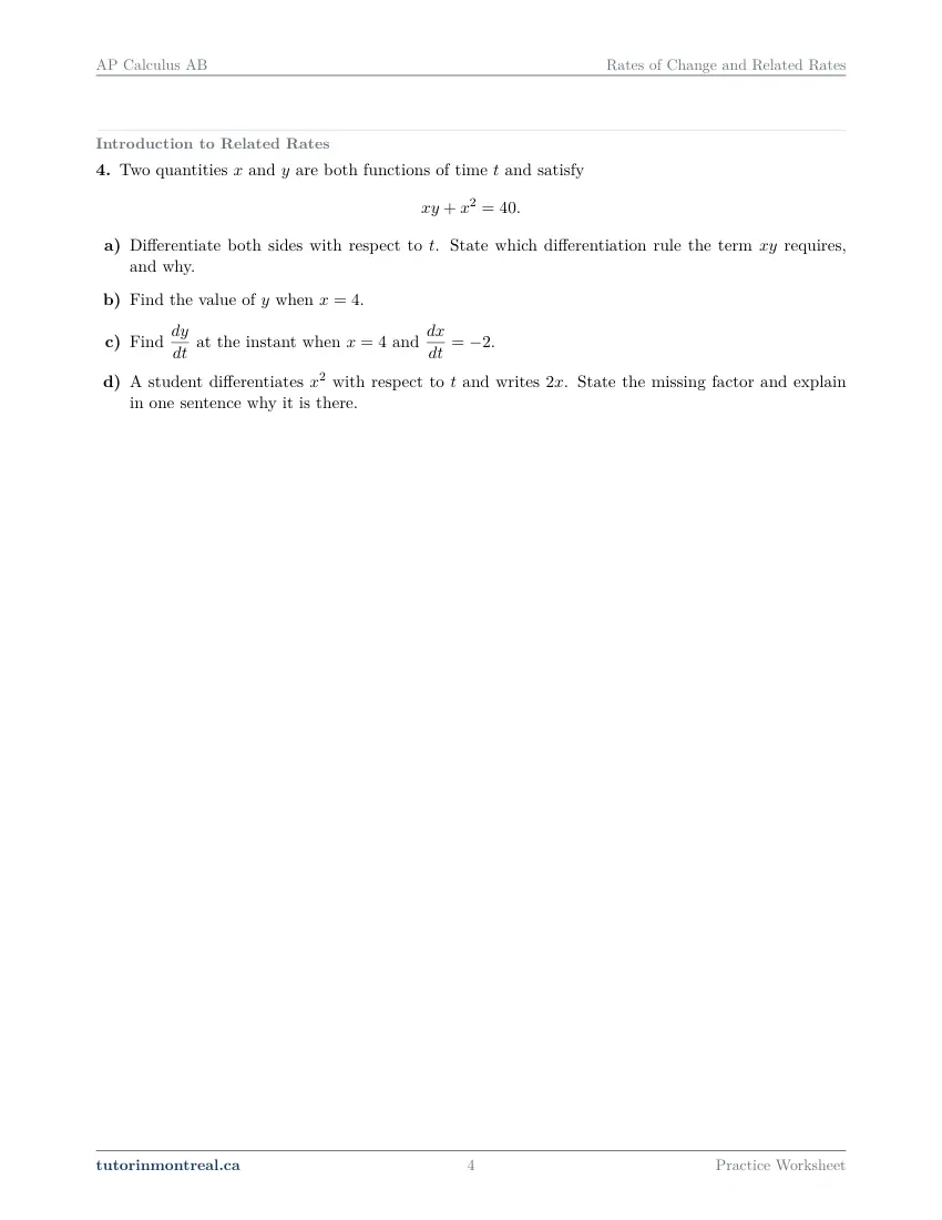 Page 4 of the AP Calculus AB Rates of Change and Related Rates practice worksheet