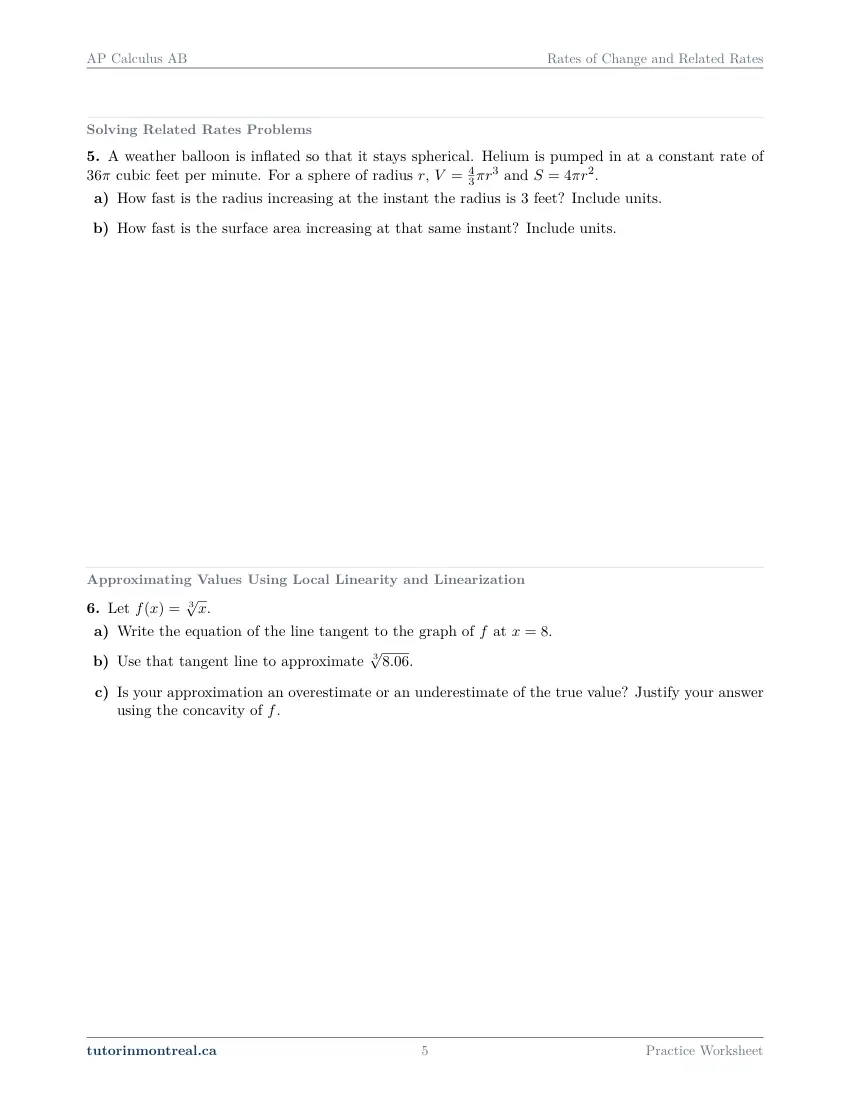 Page 5 of the AP Calculus AB Rates of Change and Related Rates practice worksheet