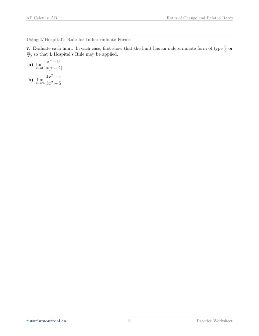 Page 6 of the AP Calculus AB Rates of Change and Related Rates practice worksheet