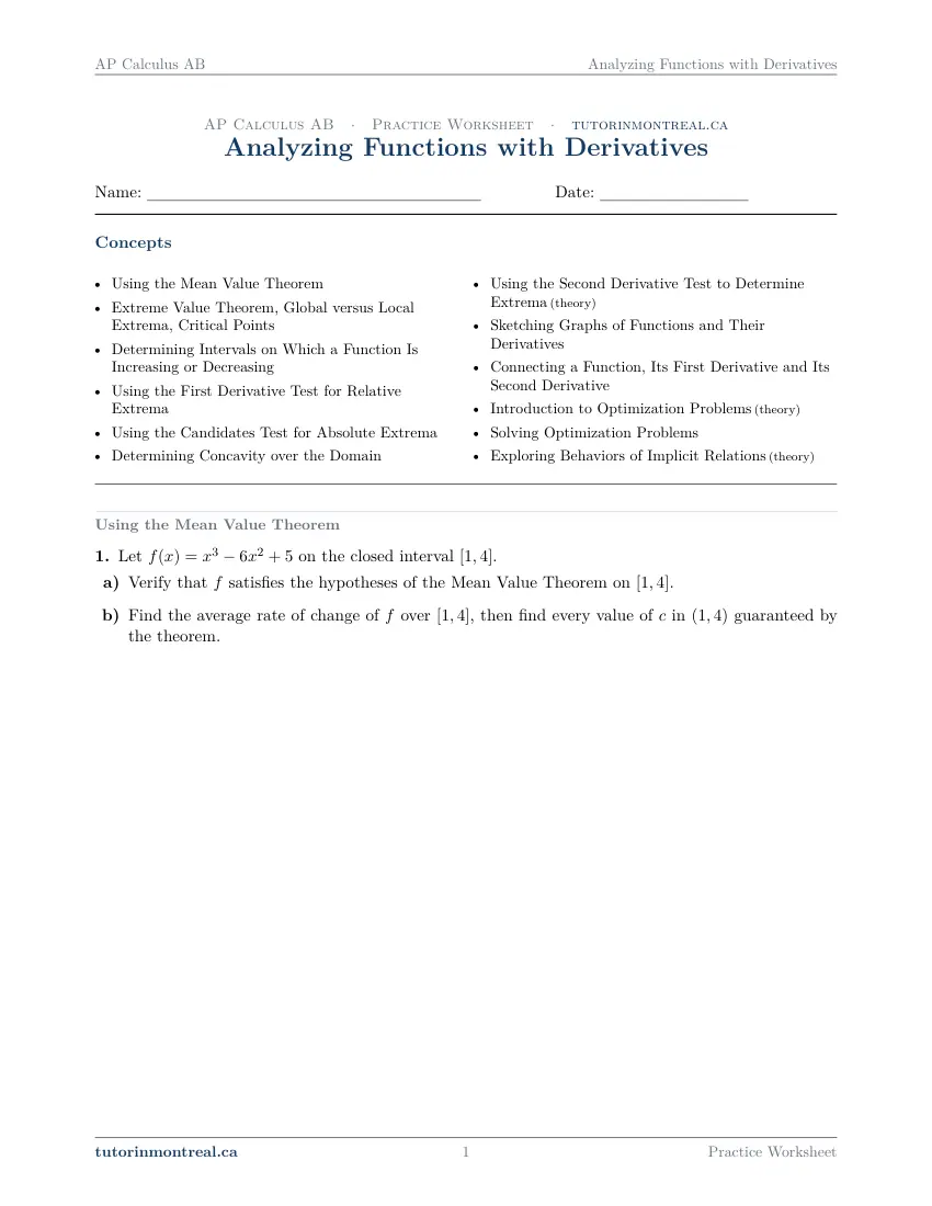 Page 1 of the AP Calculus AB Analyzing Functions with Derivatives practice worksheet