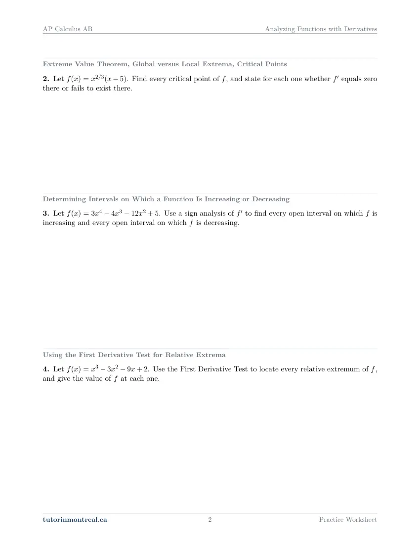Page 2 of the AP Calculus AB Analyzing Functions with Derivatives practice worksheet