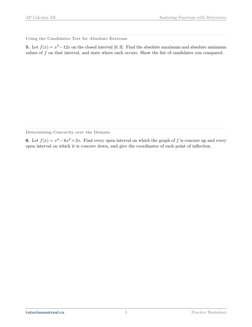 Page 3 of the AP Calculus AB Analyzing Functions with Derivatives practice worksheet