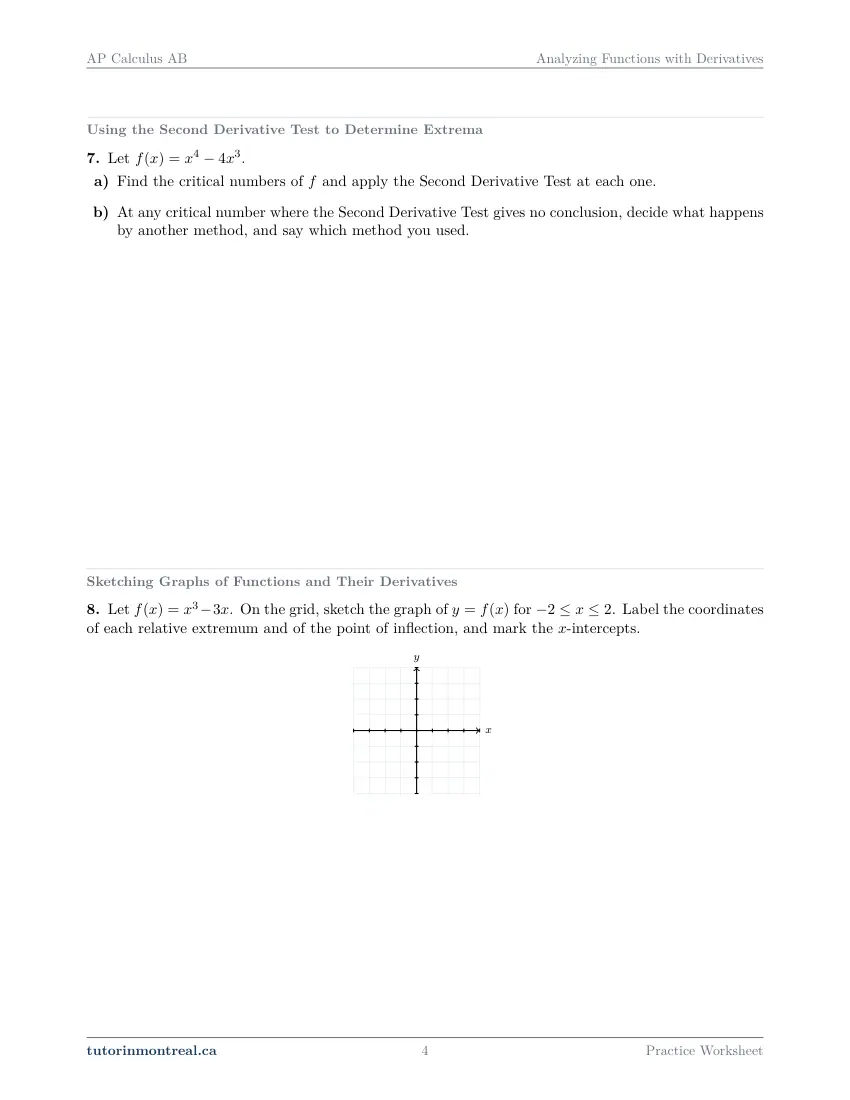 Page 4 of the AP Calculus AB Analyzing Functions with Derivatives practice worksheet