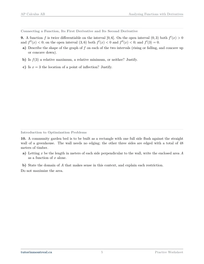 Page 5 of the AP Calculus AB Analyzing Functions with Derivatives practice worksheet