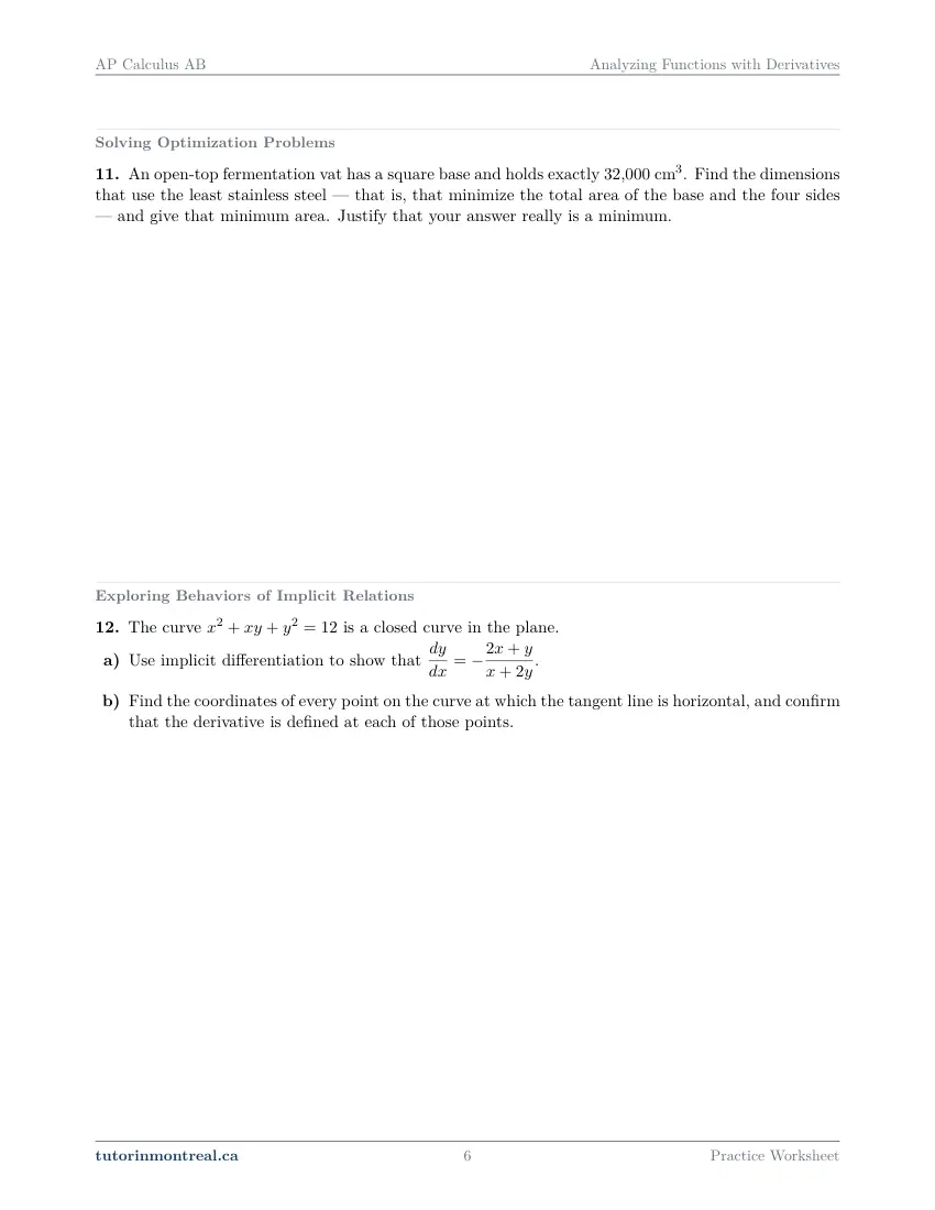 Page 6 of the AP Calculus AB Analyzing Functions with Derivatives practice worksheet
