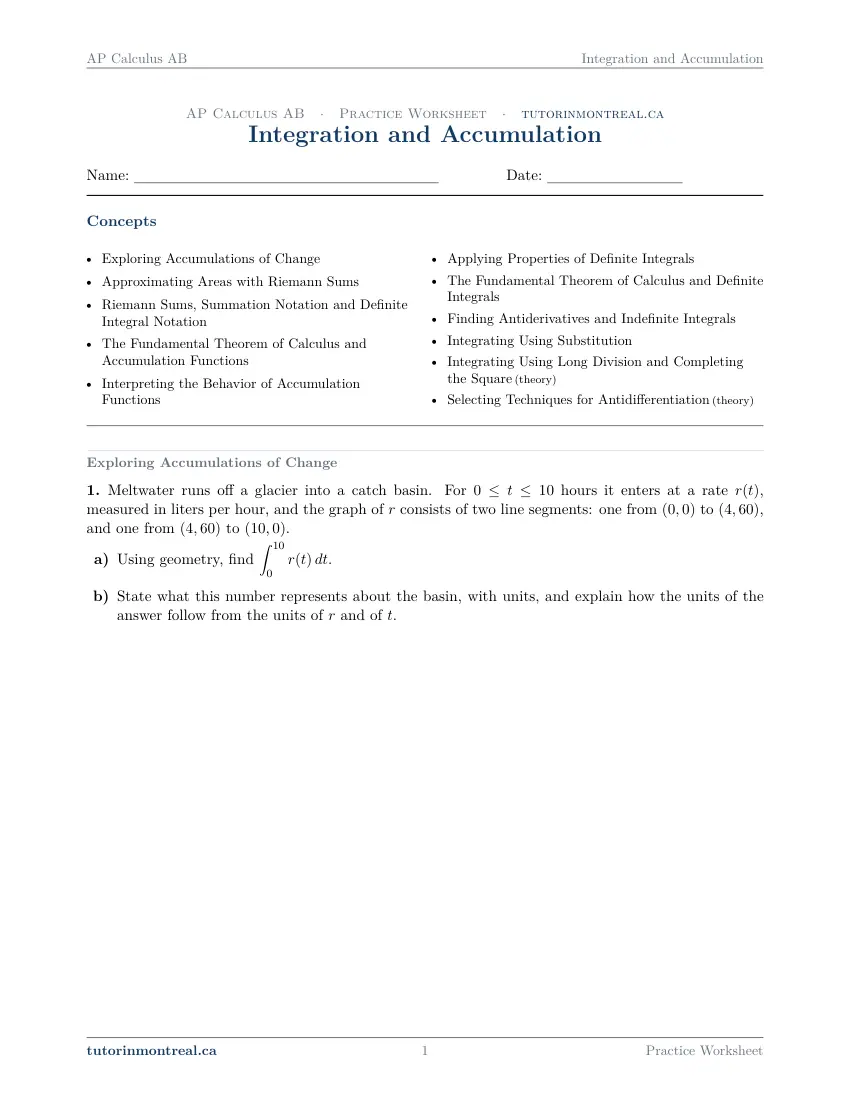 Page 1 of the AP Calculus AB Integration and Accumulation practice worksheet