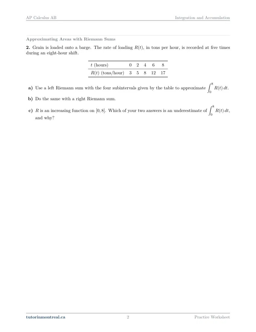 Page 2 of the AP Calculus AB Integration and Accumulation practice worksheet