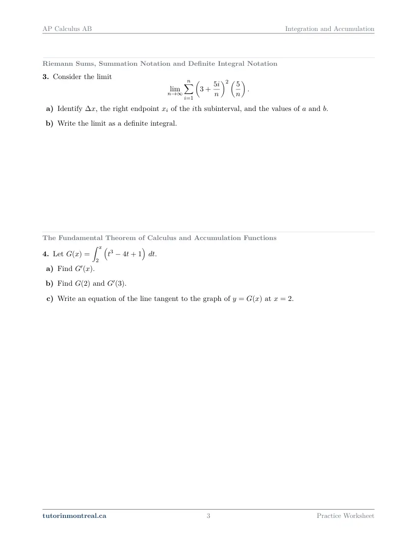 Page 3 of the AP Calculus AB Integration and Accumulation practice worksheet