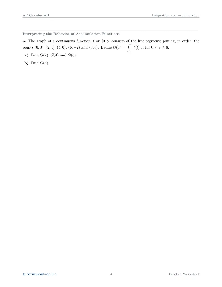 Page 4 of the AP Calculus AB Integration and Accumulation practice worksheet