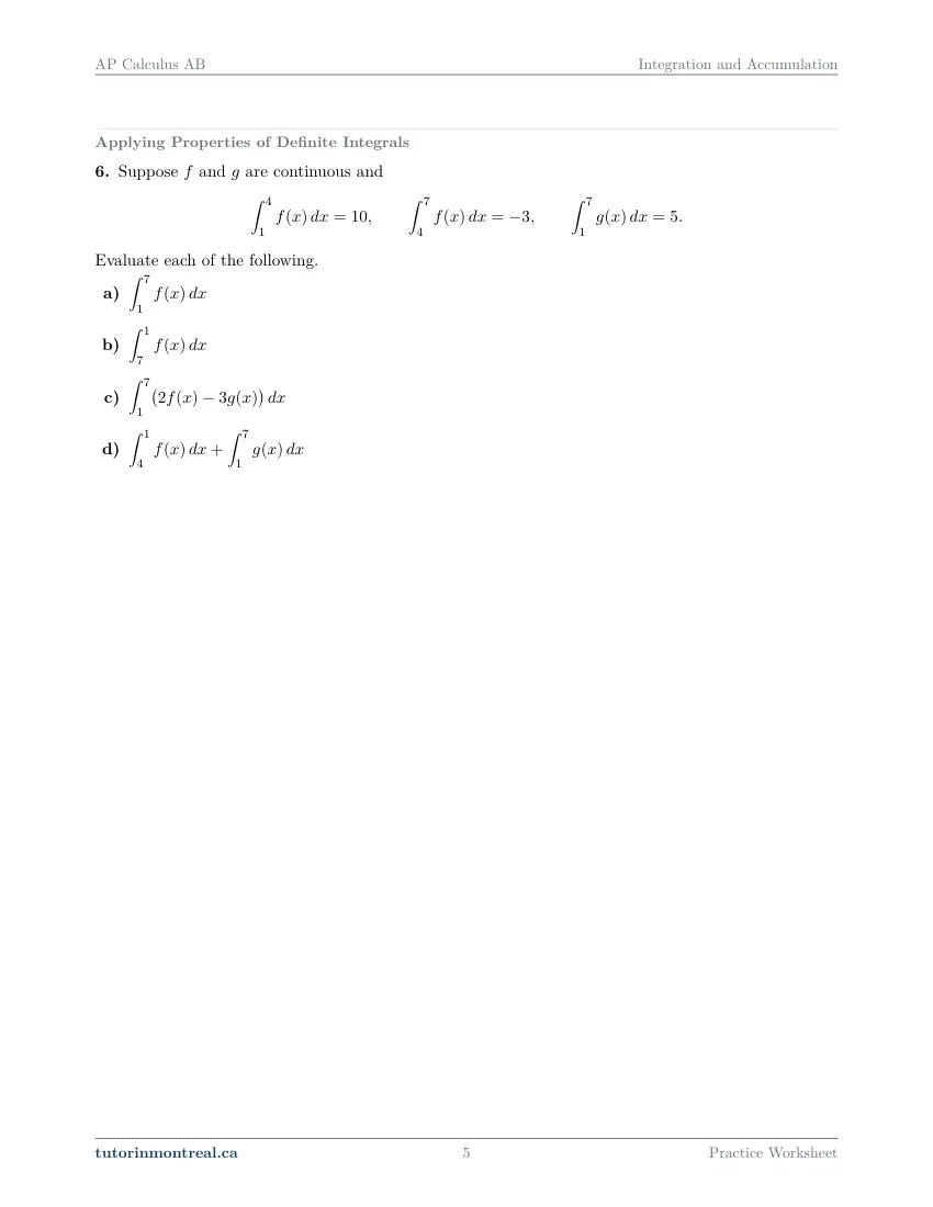 Page 5 of the AP Calculus AB Integration and Accumulation practice worksheet