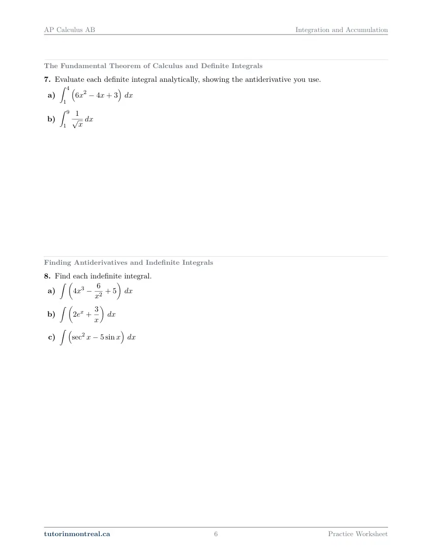 Page 6 of the AP Calculus AB Integration and Accumulation practice worksheet