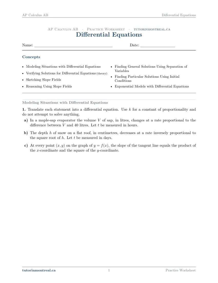 Page 1 of the AP Calculus AB Differential Equations practice worksheet