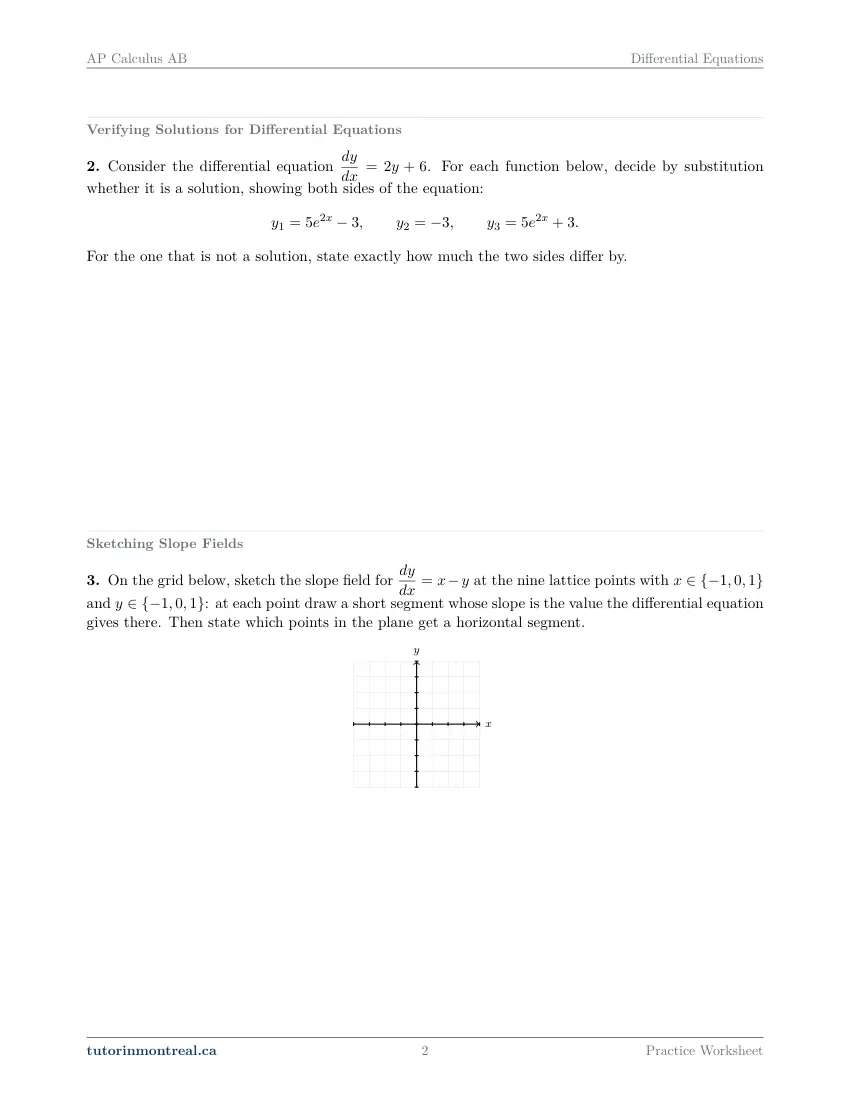 Page 2 of the AP Calculus AB Differential Equations practice worksheet