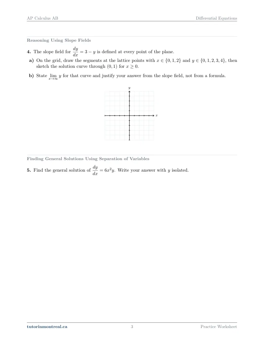 Page 3 of the AP Calculus AB Differential Equations practice worksheet