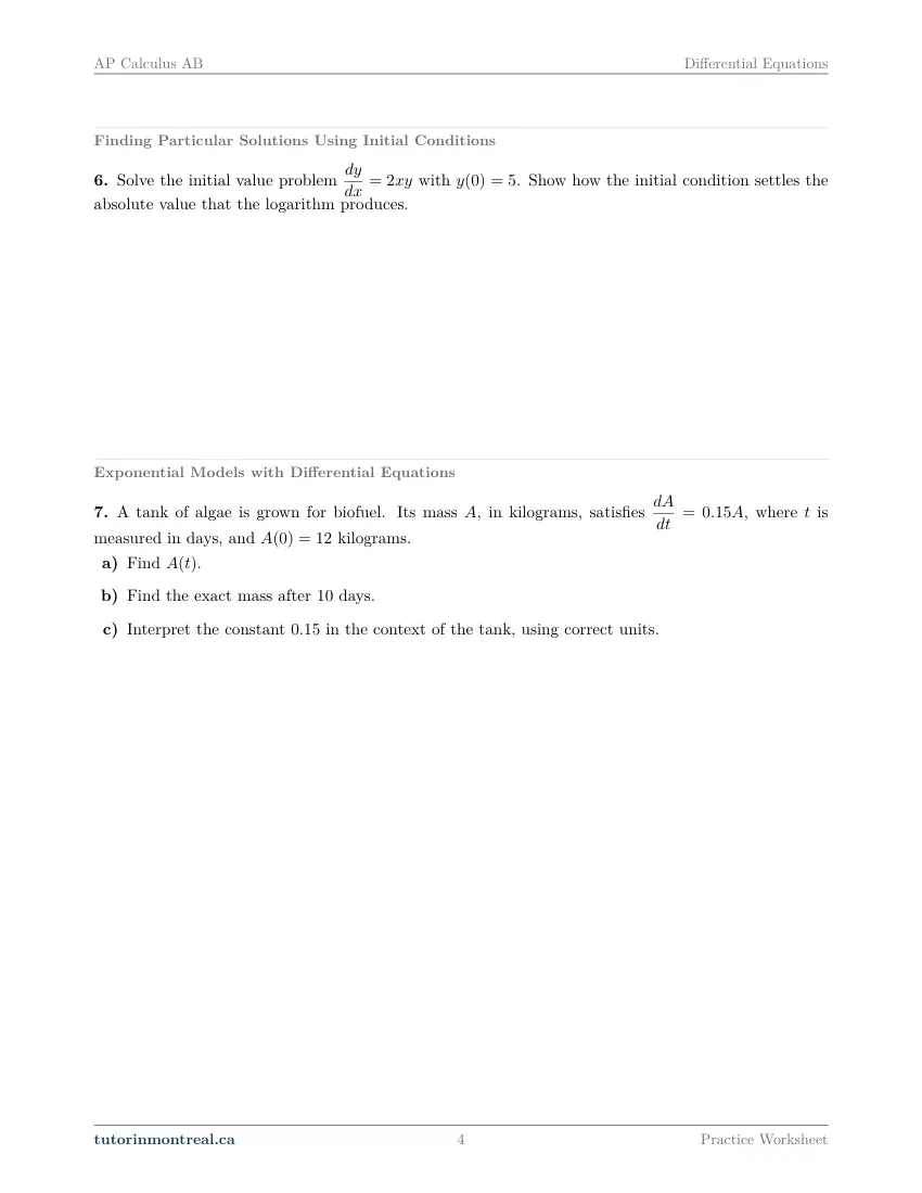 Page 4 of the AP Calculus AB Differential Equations practice worksheet